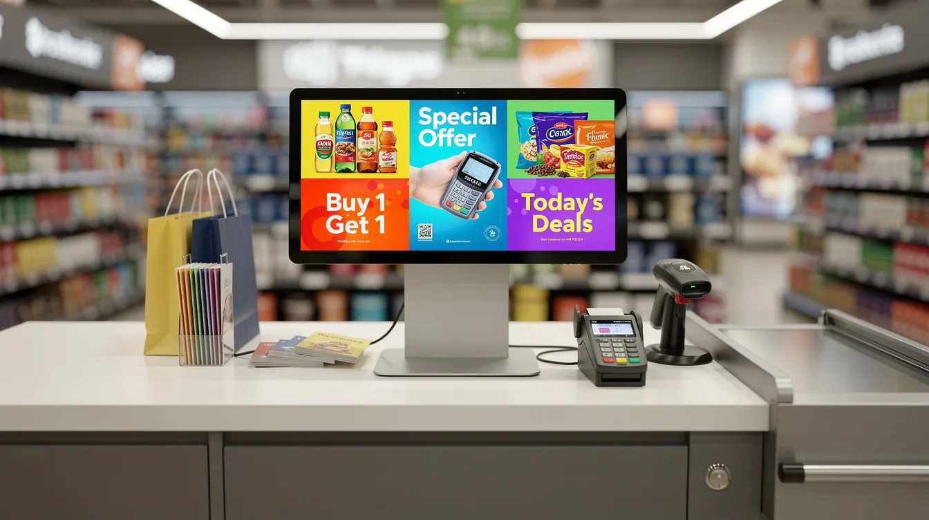 The image depicts a checkout counter area in a retail environment, featuring a digital screen that displays promotional offers and dynamic advertisements. This modern digital signage enhances customer engagement by showcasing high-margin items and upcoming events, creating a more informed shopping experience.