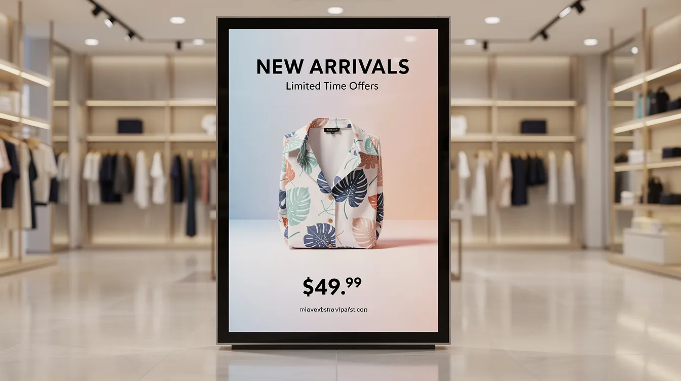 A clean and modern digital signage display showcases promotional content in a retail store, highlighting various products and offers. This commercial display, powered by an Android digital signage player, is designed for easy content management and remote control, making it ideal for small businesses looking to enhance their marketing efforts.
