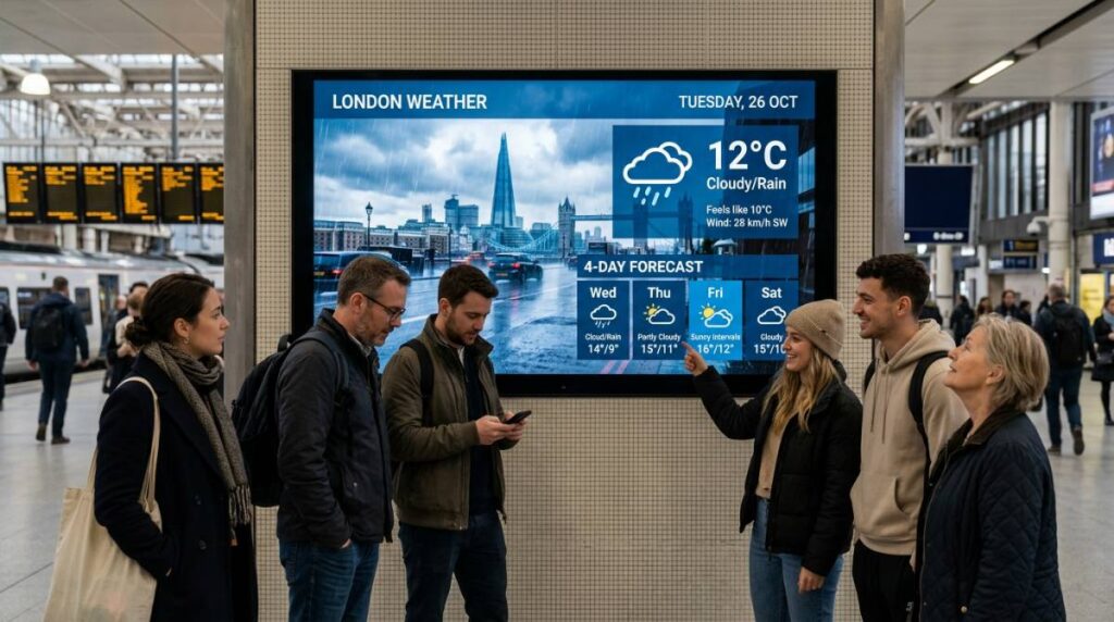 Real-time weather feed shown on a digital signage screen