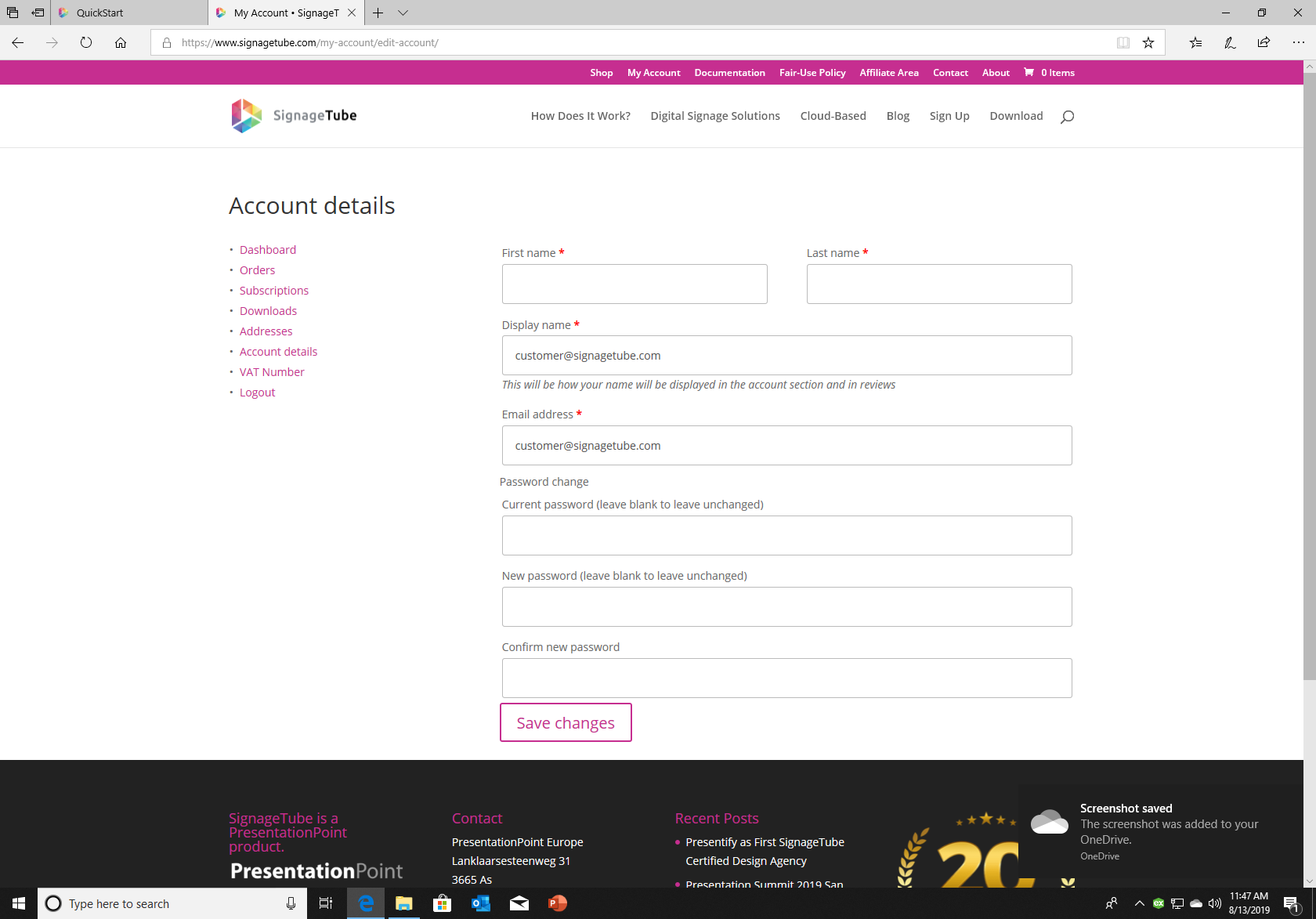 Screenshot of the account settings page where you can edit name, email, and password