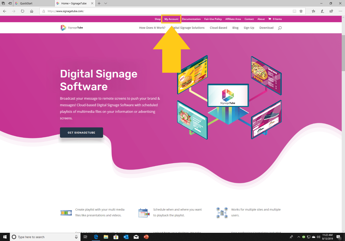 Screenshot of My Account section for login