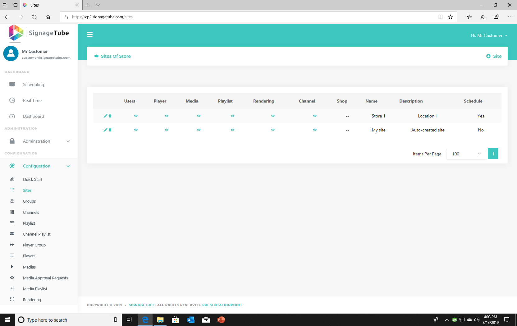 Screenshot of the page for adding a site with players and playlists