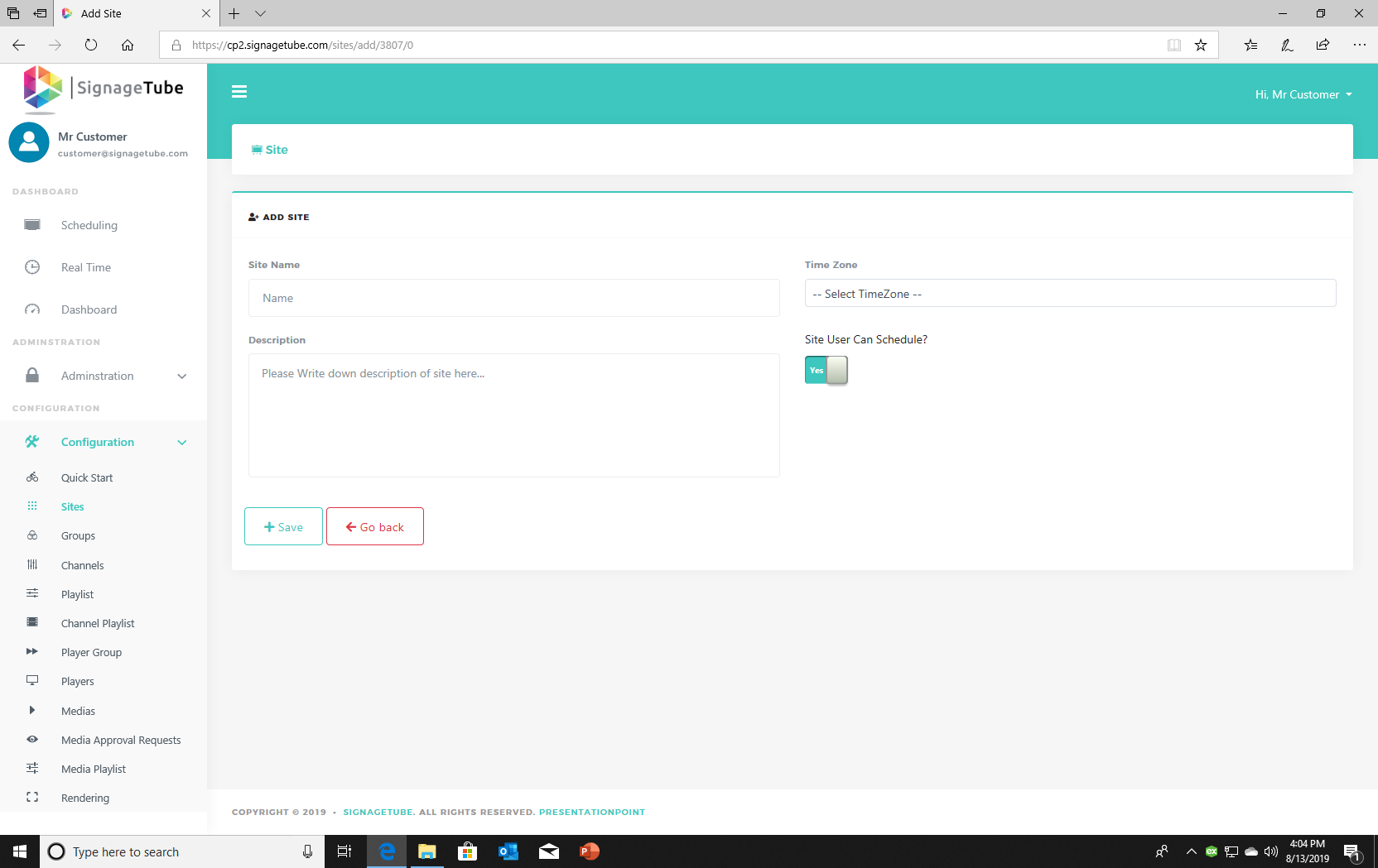 Screenshot of the form for adding site details including name, time zone, and scheduling permissions