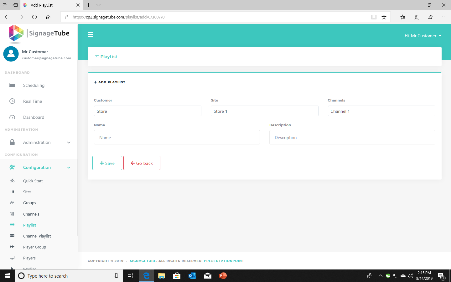 Screenshot of the interface for managing playlists and scheduling