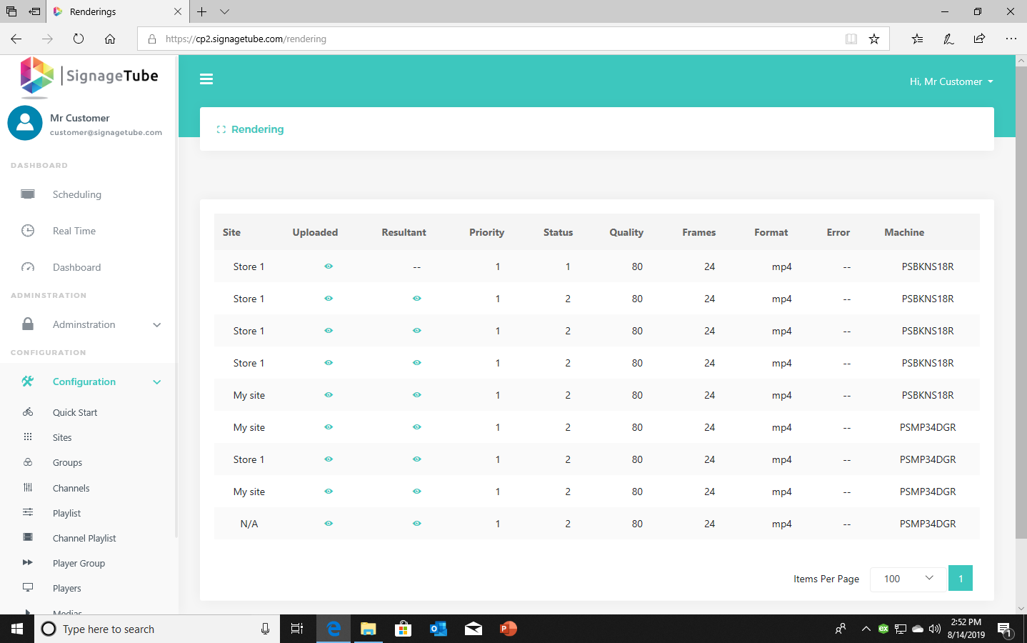 Screenshot of the rendering page showing rendered and still rendering media