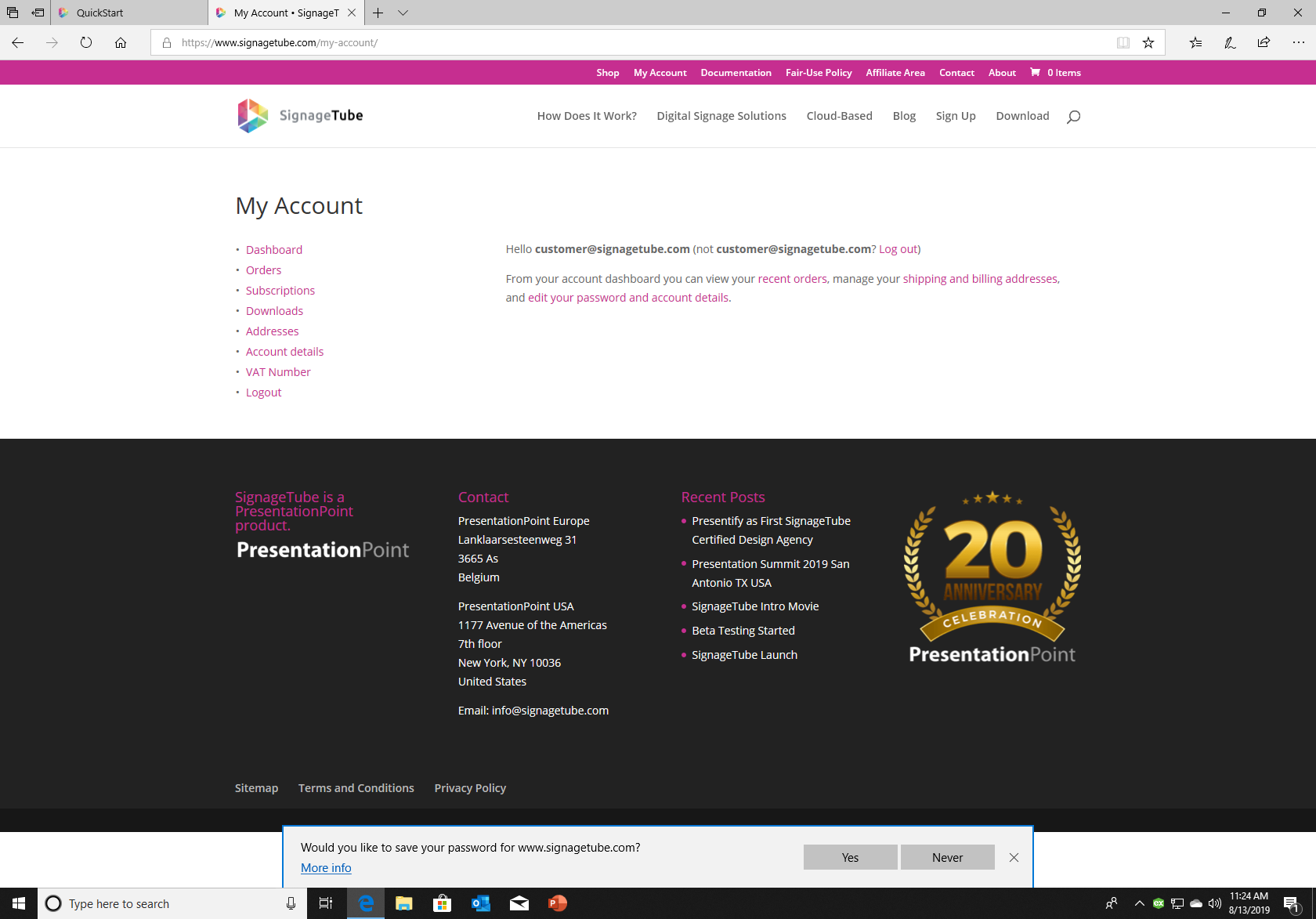Screenshot showing account management page for subscriptions and orders