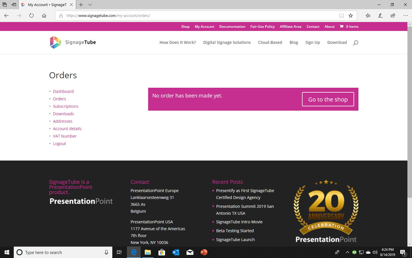 Screenshot of Go to the Shop button for business plans