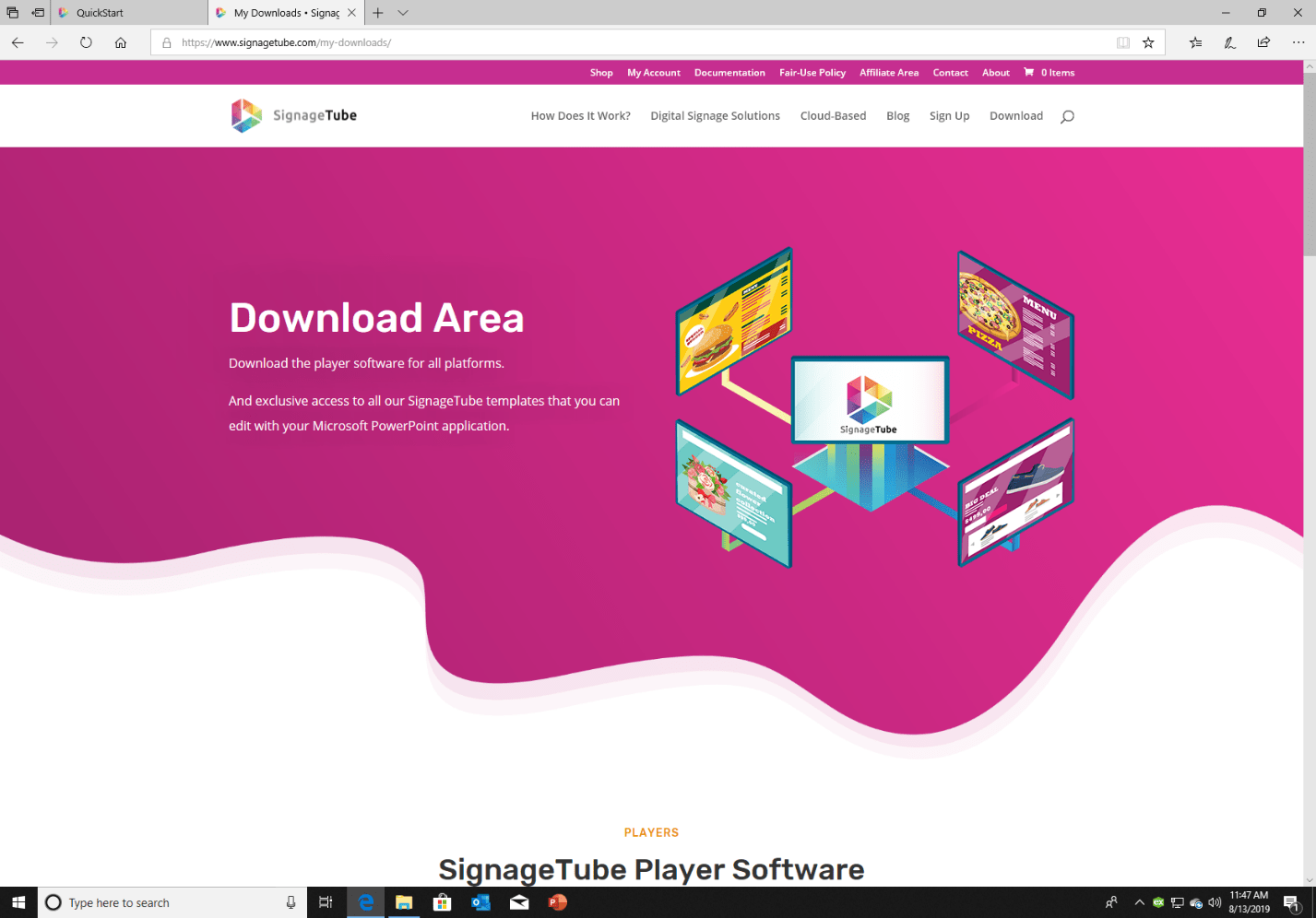 Screenshot of the Downloads section with exclusive templates for SignageTube