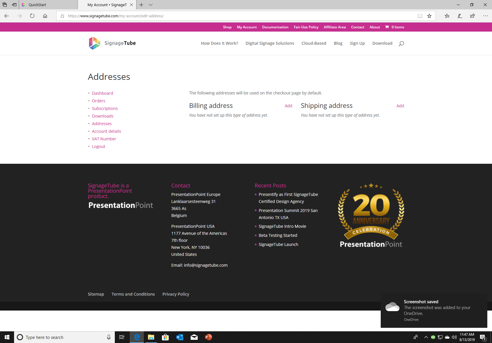 Screenshot of the address setup page for billing or shipping
