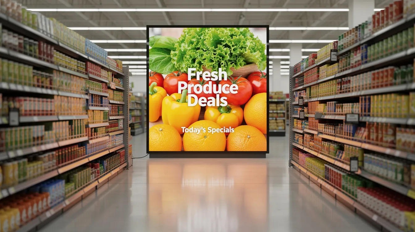 A grocery store aisle features a brightly illuminated digital end-cap display showcasing fresh produce promotions, enhancing the in-store experience for customers with engaging digital signage. The display effectively draws attention to product sales and promotes customer engagement in the retail space.