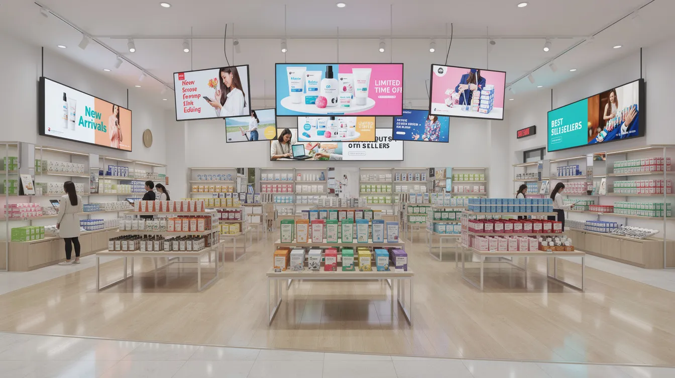 The image depicts a modern retail store interior featuring multiple digital screens that showcase product promotions, enhancing customer engagement and the in-store experience. These digital displays serve as effective retail digital signage solutions, drawing potential customers' attention with up-to-date content and interactive experiences.