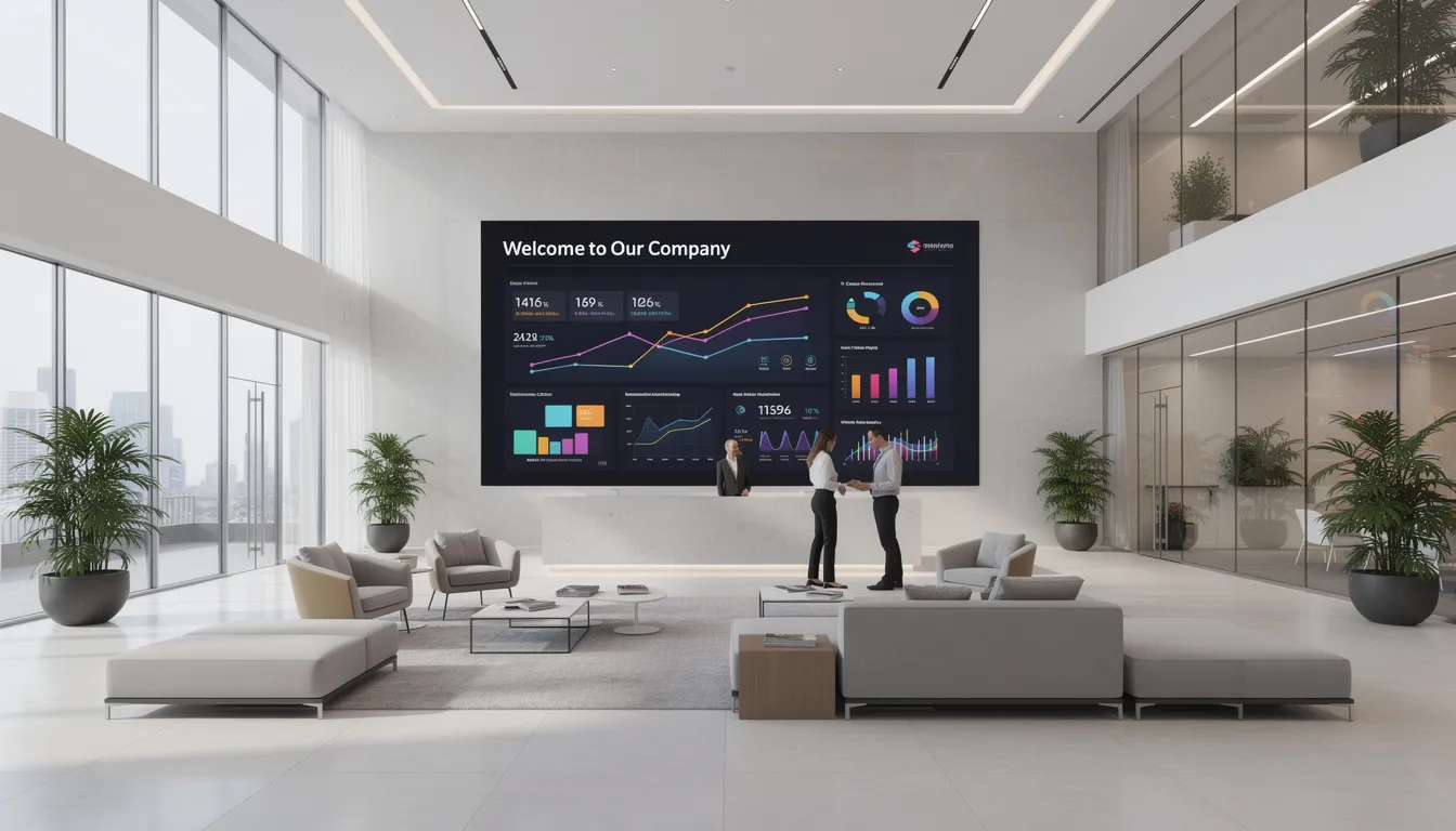 The image depicts a modern office lobby featuring a large digital signage display that showcases real-time company metrics and welcome messages, enhancing the immersive experience for employees and visitors. The sleek design of the space emphasizes connectivity and productivity, with commercial TVs effectively managing content and delivering important information.