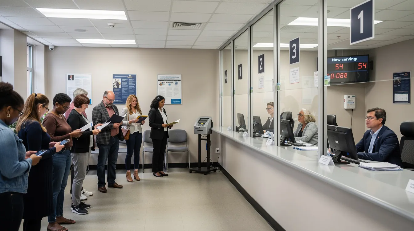 The image shows a diverse group of people patiently waiting in a queue at a service counter in a public office, highlighting the common experience of long wait times in such environments. The scene reflects the importance of customer engagement and efficient service delivery in organizations that utilize tools like digital signage to enhance communication and manage customer preferences.