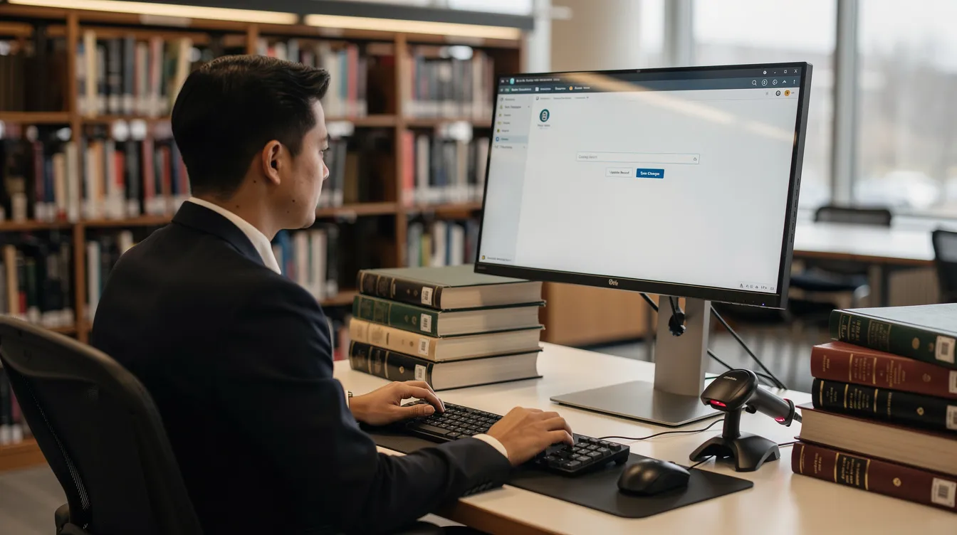A library staff member is seated at a computer workstation, updating digital signage content to enhance customer engagement and inform users about valuable services and programs. The scene highlights the integration of technology in managing and processing large amounts of data in real time, ensuring efficient communication within the community.