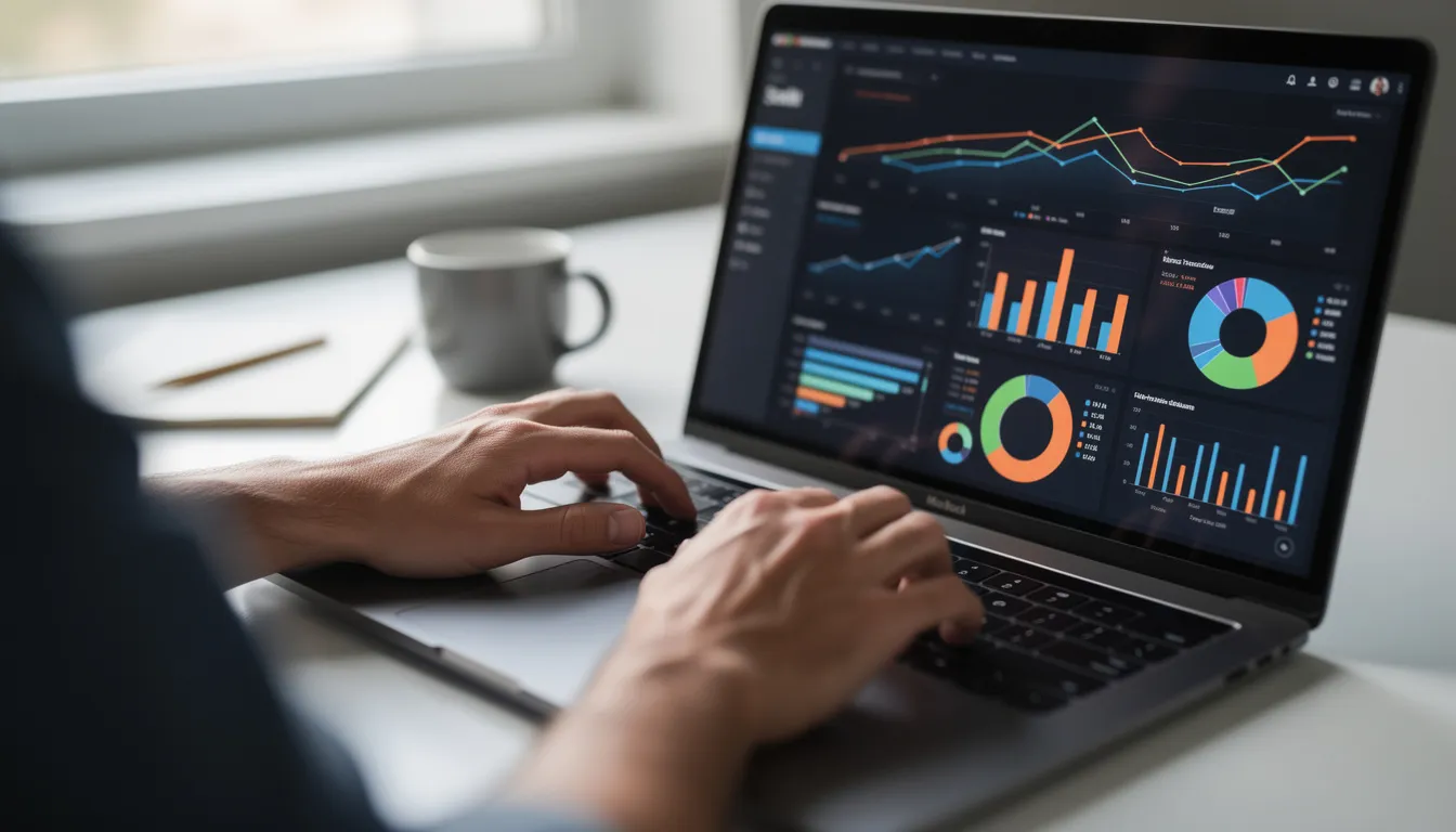The image shows hands typing on a laptop keyboard while data charts, including key performance indicators and business metrics, are visible on the screen, highlighting the use of KPI tracking software for data-driven decisions. The charts likely represent complex data trends and performance metrics that are essential for monitoring business health.
