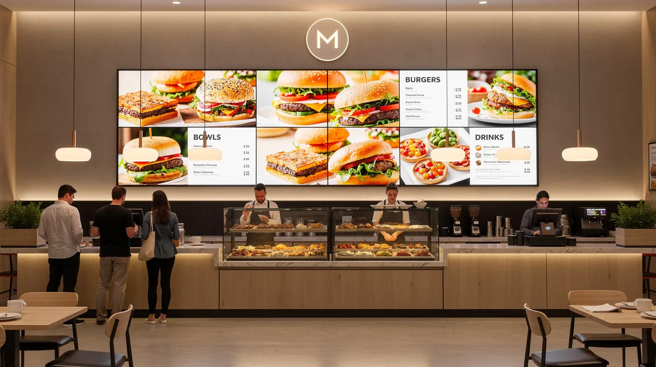 The image depicts a modern restaurant interior featuring a sleek counter with a digital menu display behind it, showcasing captivating content to inform customers about available dishes. The use of cutting-edge technology, such as digital signage, enhances the customer experience and creates an engaging environment.