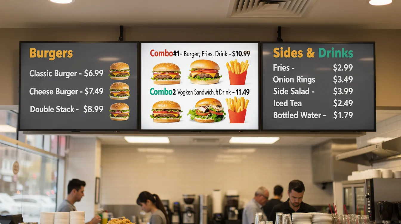 The image features a digital menu board in a quick-service restaurant, showcasing various food items and their prices on multiple screens. This digital signage solution enhances the customer experience with dynamic content, providing excellent visibility and real-time updates in a public space.