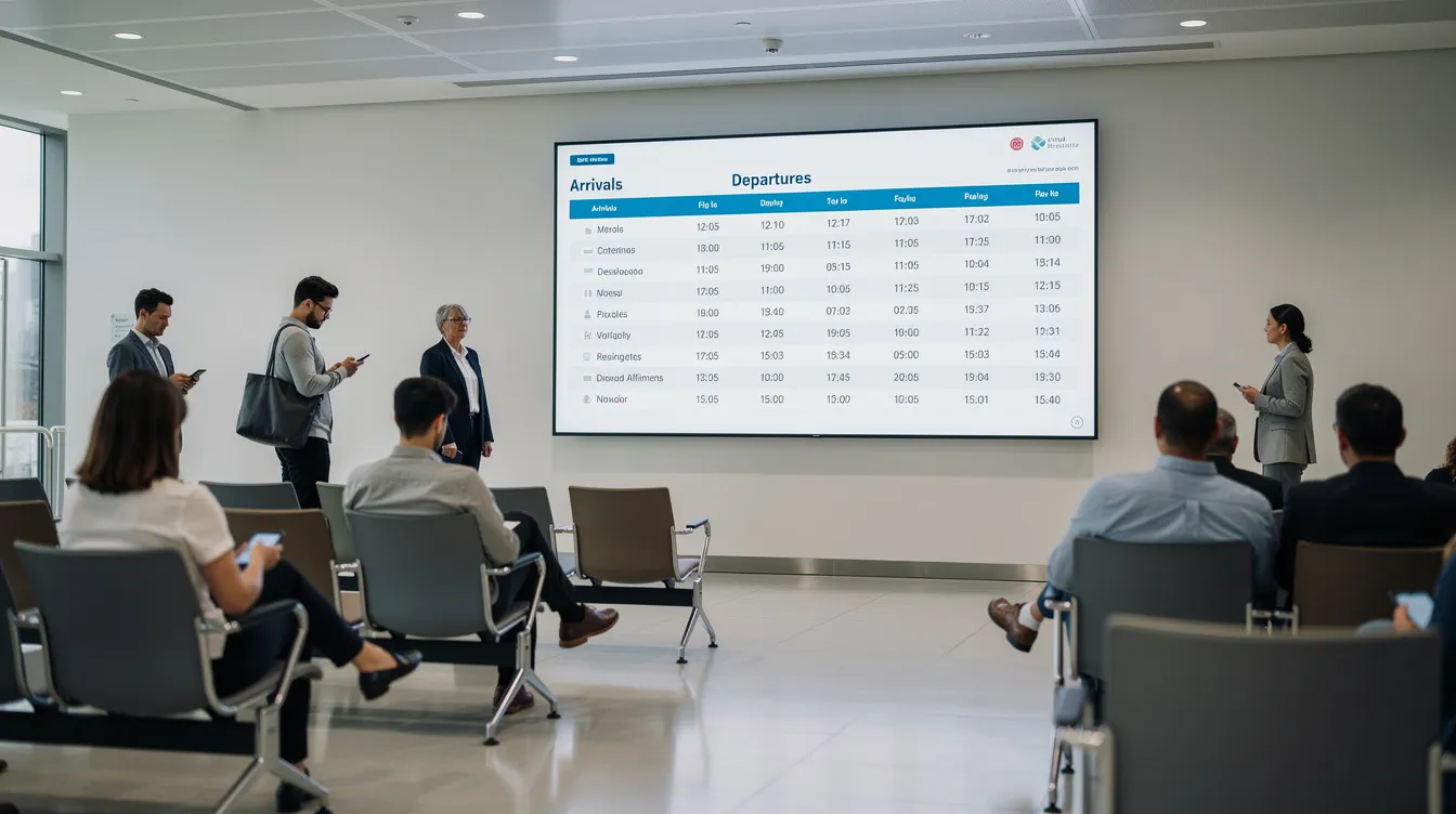 The image shows a digital display screen mounted in a public waiting area, designed to enhance customer engagement and provide real-time data. It features dynamic content that can be easily updated to communicate promotions and services, improving the overall waiting experience for visitors.