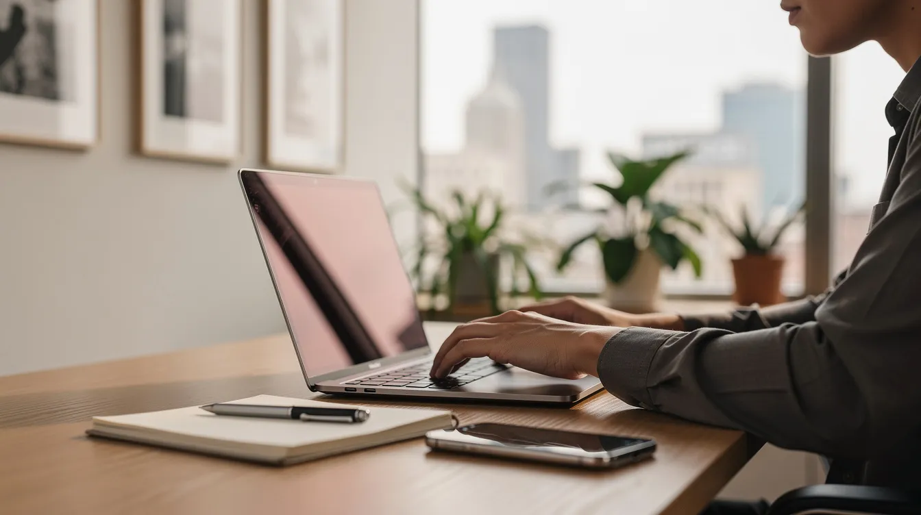 A person is seated at a desk in an office, focused on their laptop, which is likely used for managing dynamic content and customer engagement through a digital signage network. The environment suggests a professional setting where employees work to achieve business goals and enhance data security.
