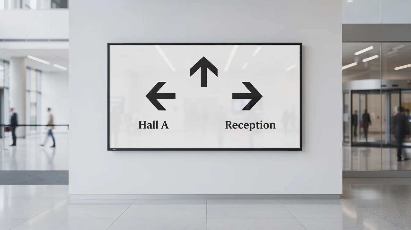 The image depicts a digital information screen in a public building, displaying directional arrows to guide visitors. This digital signage enhances customer engagement by providing dynamic content and an intuitive interface for easy navigation.
