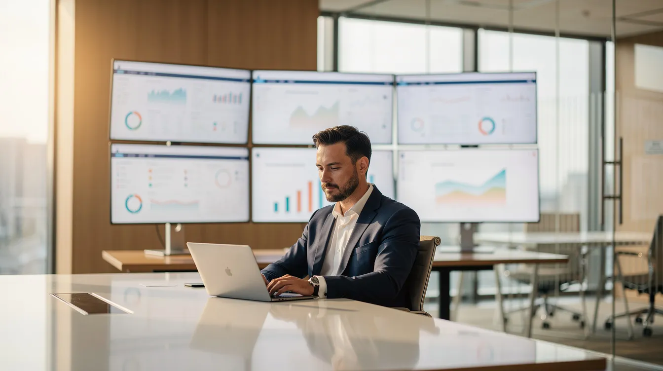 A business owner is focused on their laptop in a modern office setting, surrounded by multiple screens displaying dynamic content. The environment suggests a user-friendly interface for managing digital signage solutions, enhancing communication and engagement with customers.