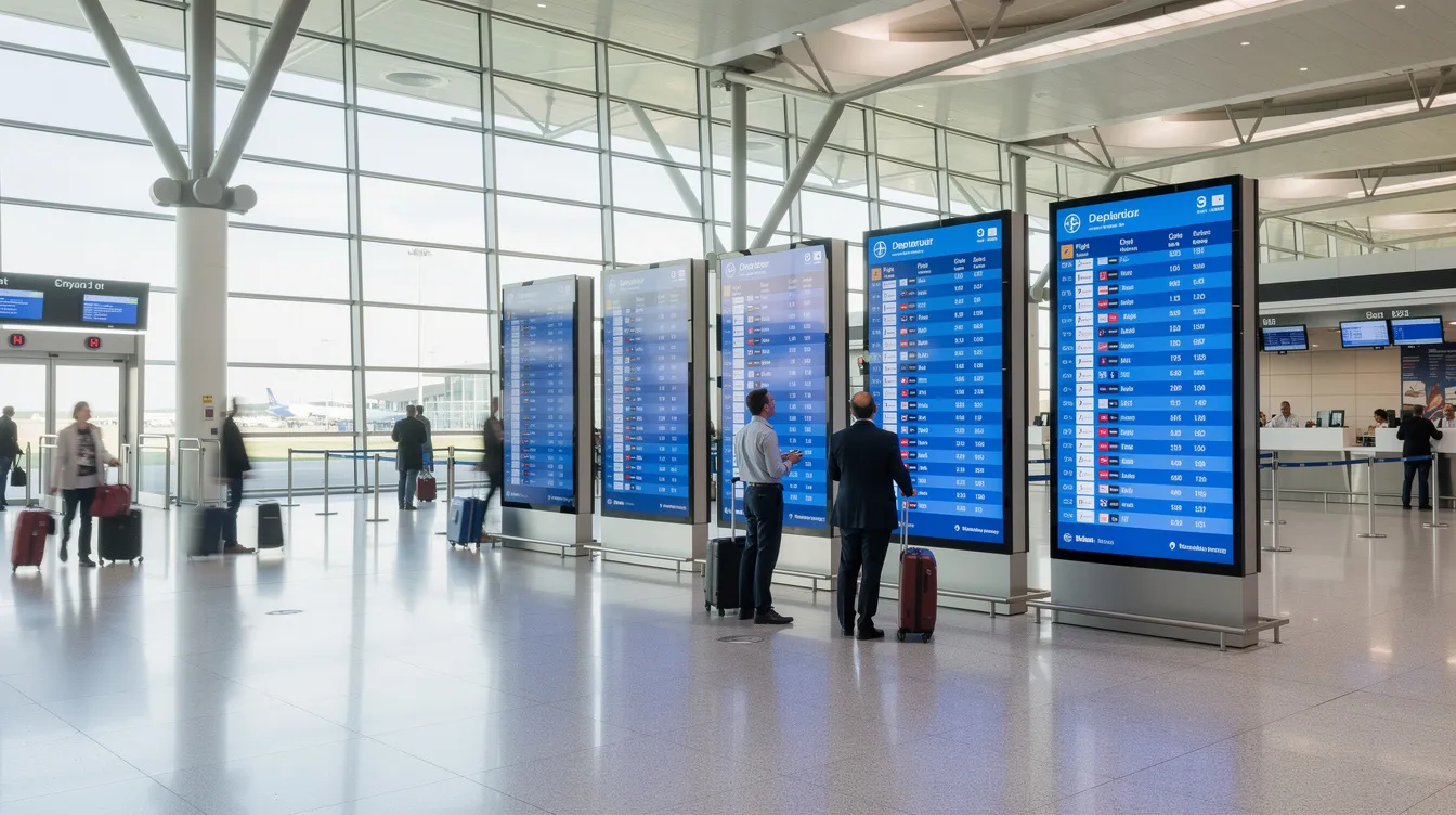 A modern airport terminal features large digital wayfinding displays that provide real-time departure information, enhancing the customer experience with dynamic content and excellent visibility. The digital signage network seamlessly integrates multiple screens throughout the public space, ensuring travelers can easily access important updates.