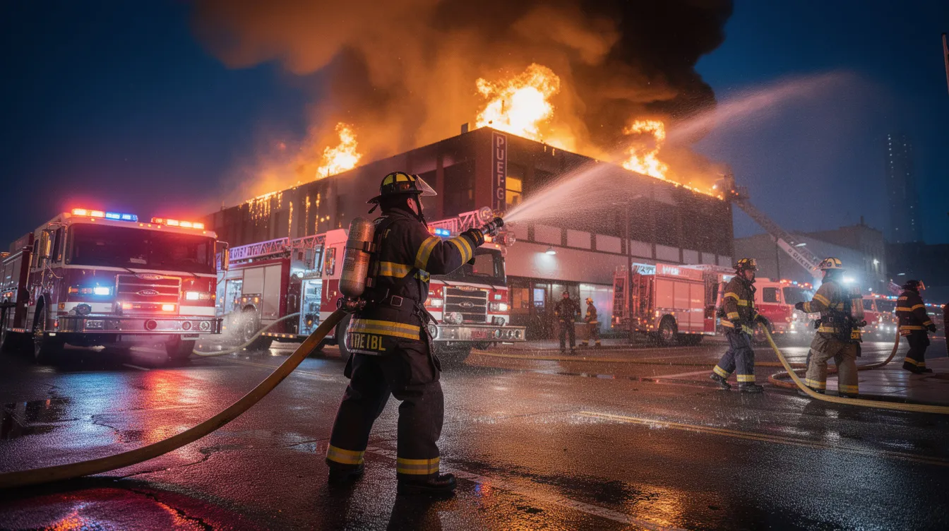 A group of firefighters in full protective gear is actively responding to a structure fire at night, using their specialized equipment to address the emergency situation. The scene highlights the importance of safety and training among fire department personnel as they work to prevent harm and manage the incident effectively.