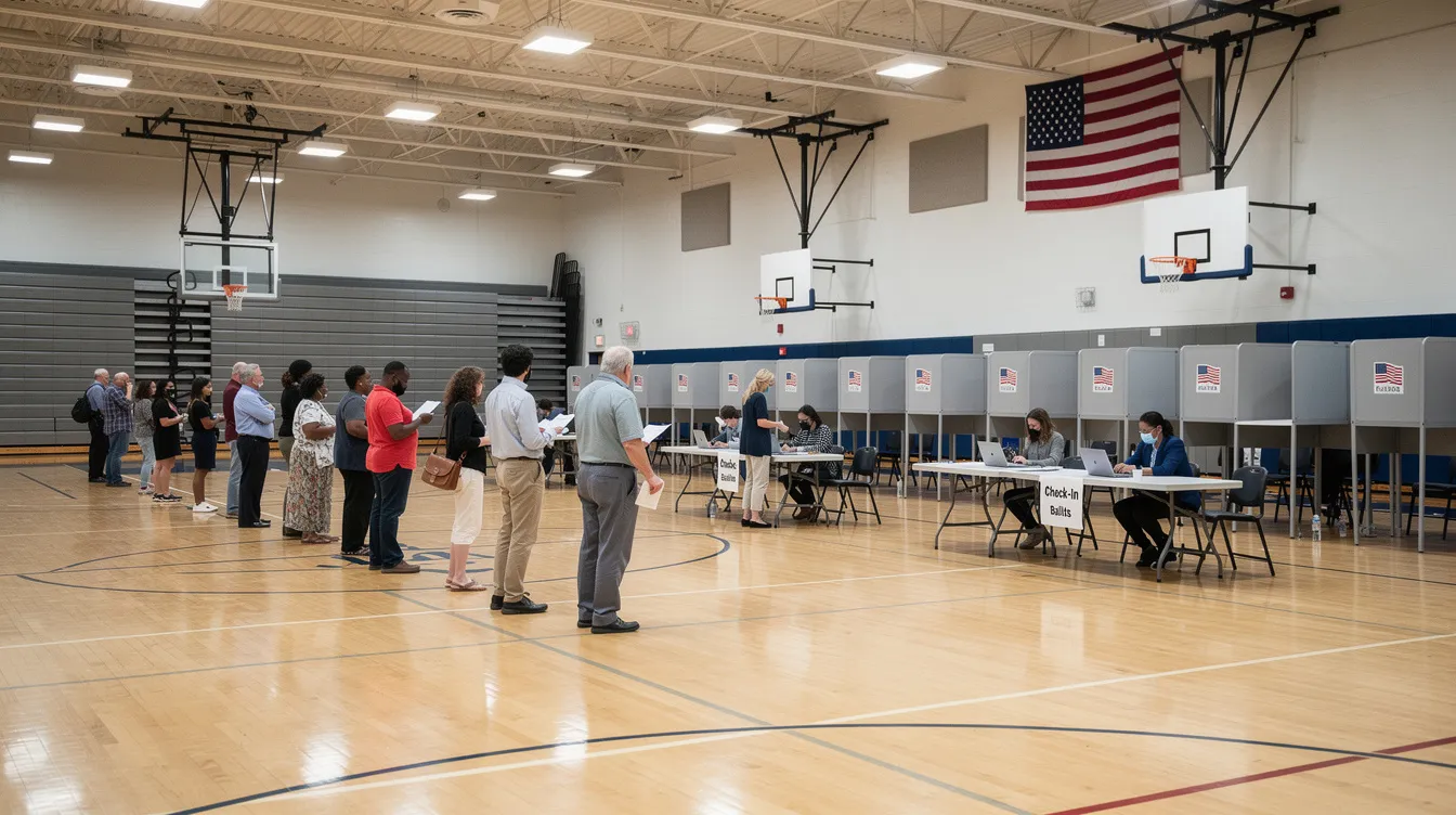 The image shows a large gymnasium filled with organized lines of people waiting at voting booths, emphasizing the democratic process in action. The setting is lively, with individuals engaged in discussions and preparing to cast their votes.