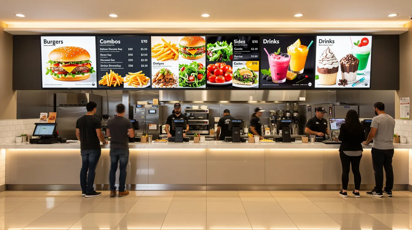 The image shows digital menu boards in a modern fast-food restaurant, showcasing various food items with vibrant visuals and clear text. These digital displays enhance the customer experience by providing engaging presentations of the menu, making it easier for patrons to decide on their meals.