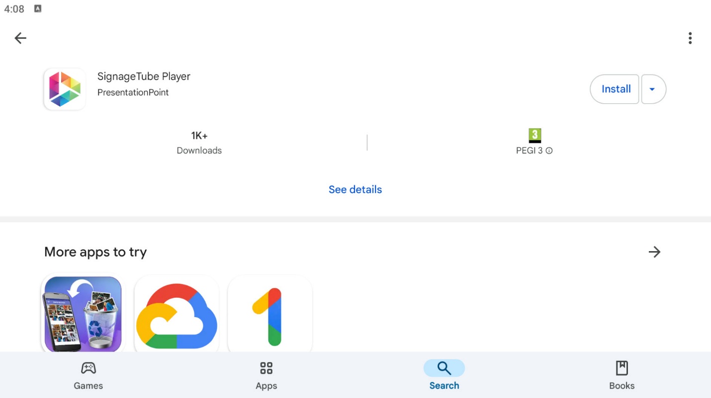 SignageTube Player app details page in the Google Play Store with the Install button